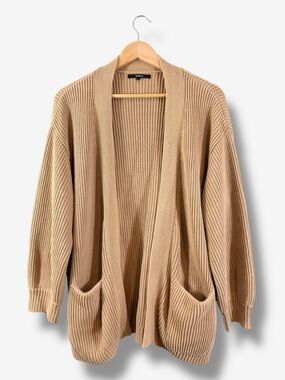 Quince Oversized Cardigan Sweater Size L Organic Cotton Tan Brown Ribbed Knit